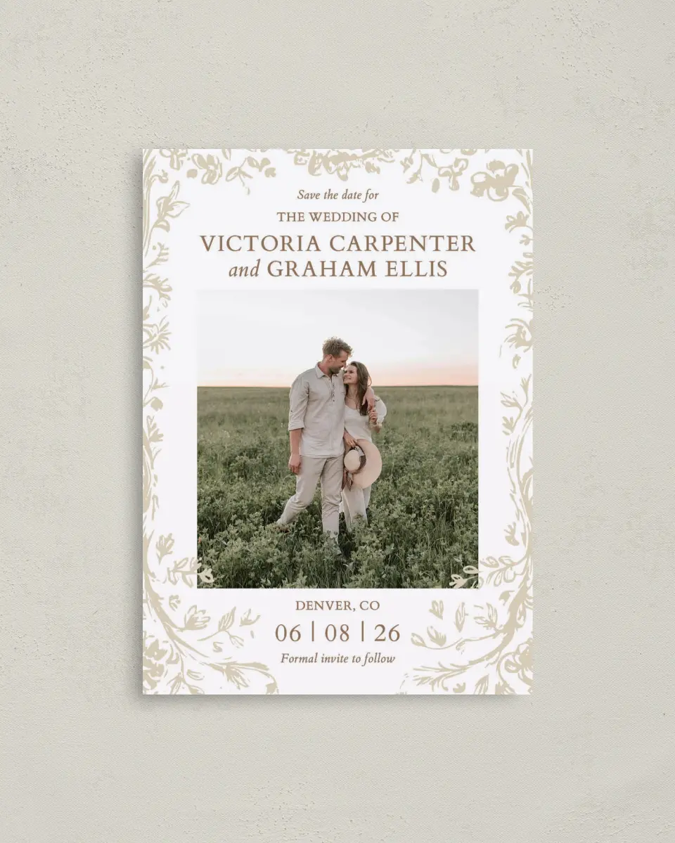 This is a 4" x 5.6" Save the Date Postcard called Soft Branchlets printed in full color on Soft Touch Finish paper