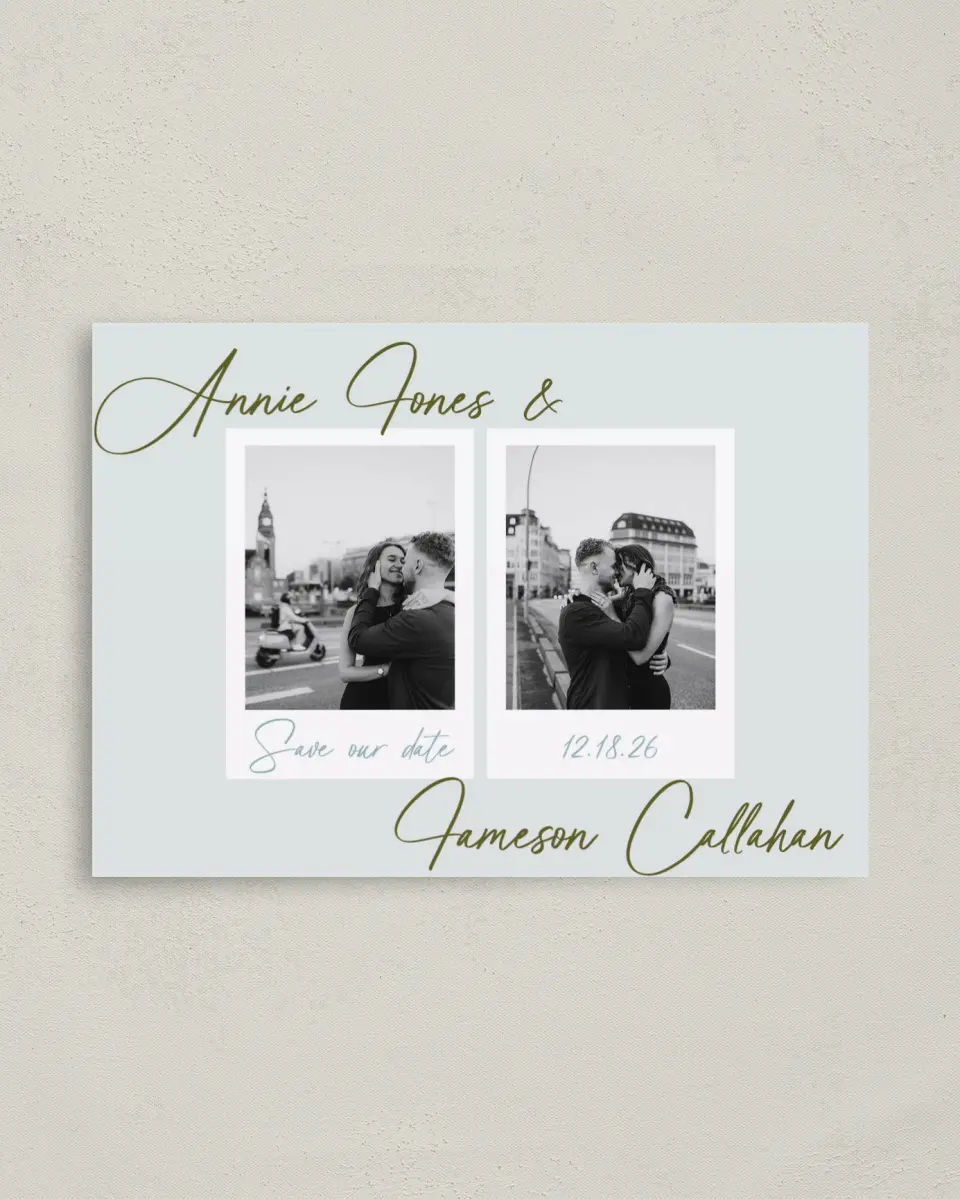This is a 4" x 5.6" Save the Date Postcard called Precious Moments printed in full color on Soft Touch Finish paper