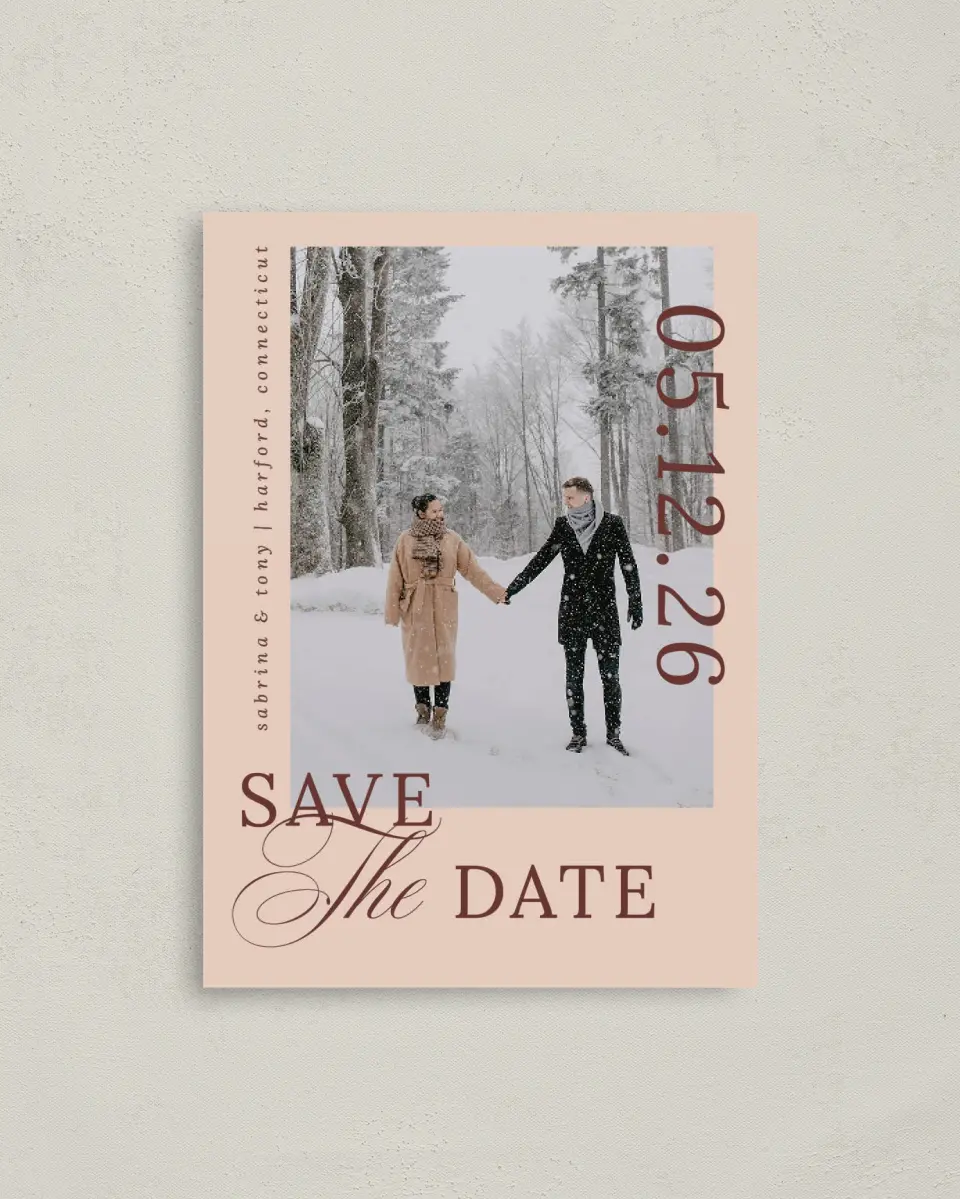 This is a 4" x 5.6" Save the Date Postcard called Connected Hearts printed in full color on Soft Touch Finish paper