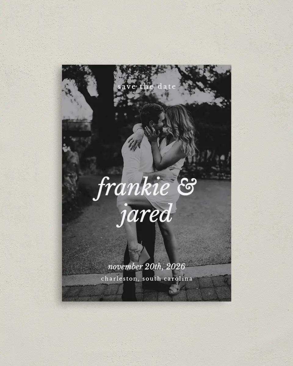 This is a 4" x 5.6" Save the Date Postcard called Lifelong Duo printed in full color on Soft Touch Finish paper
