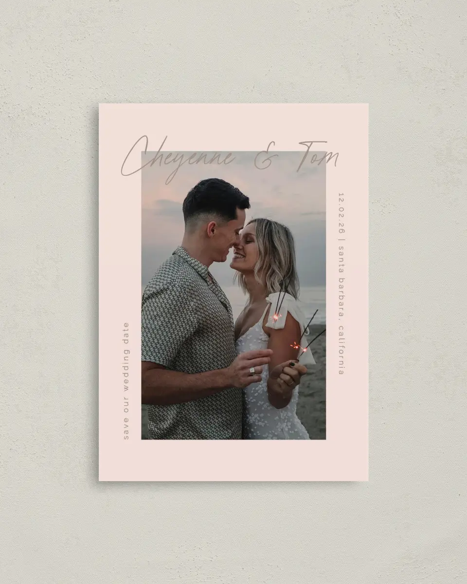 This is a 4" x 5.6" Save the Date Postcard called Sparks Flying printed in full color on Soft Touch Finish paper