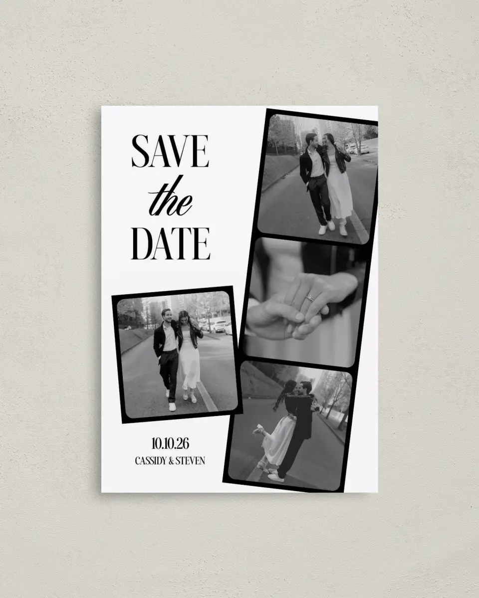 This is a 4" x 5.6" Save the Date Postcard called Photo Strip printed in full color with Silver foil on Soft Touch Finish paper