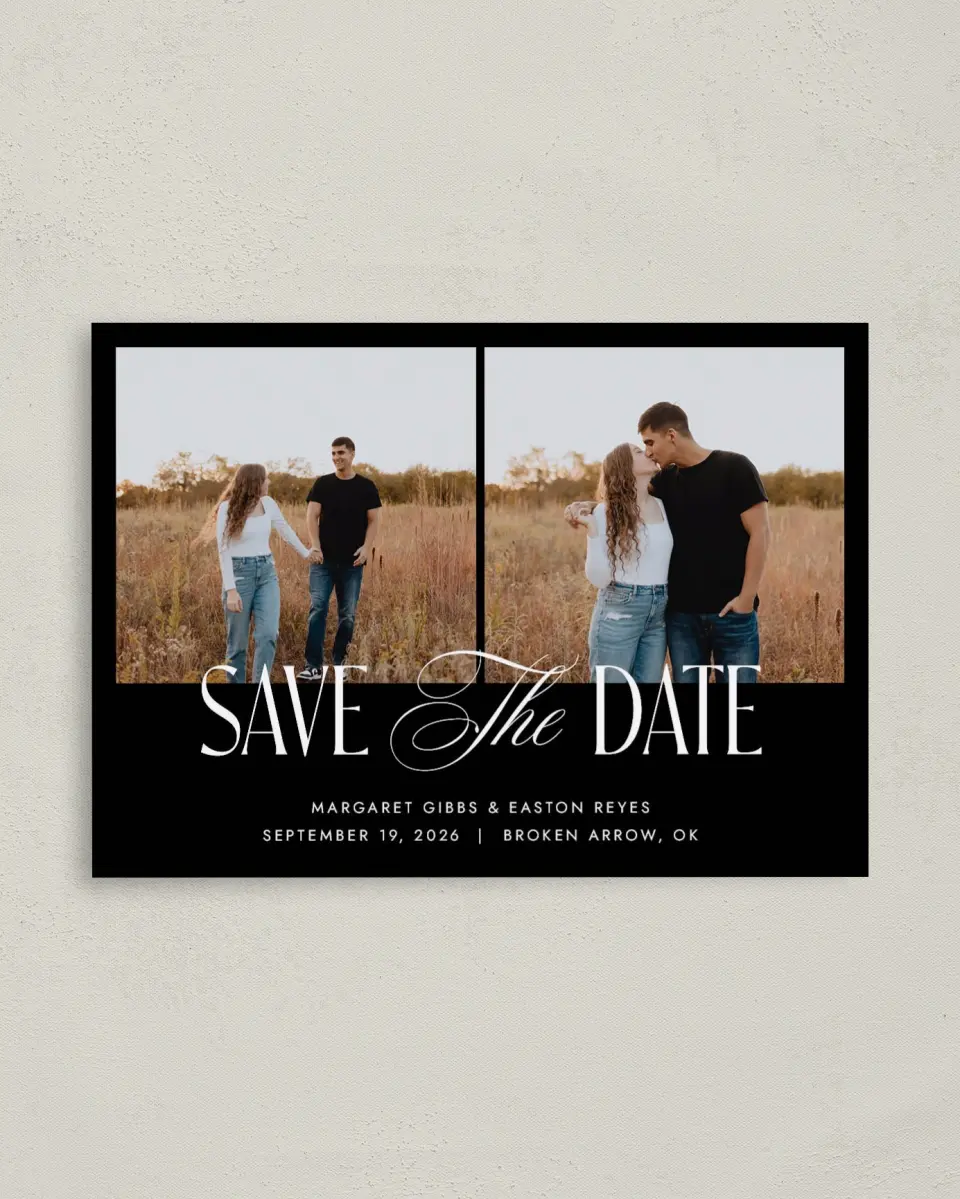 This is a 4" x 5.6" Save the Date Postcard called Cherished Day printed in full color with Silver foil on Soft Touch Finish paper