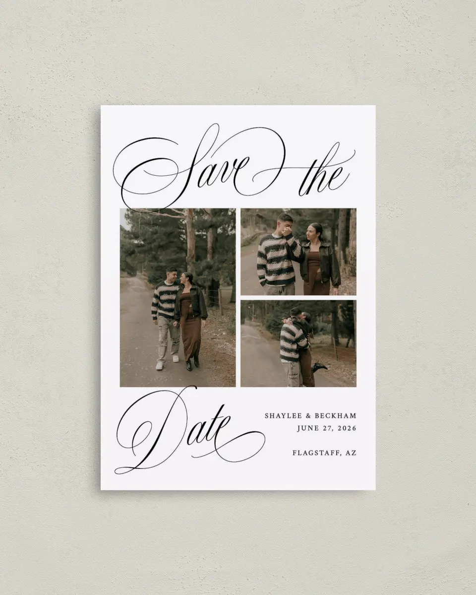 This is a 4" x 5.6" Save the Date Postcard called Scripted Elegance printed in full color with Gold foil on Soft Touch Finish paper