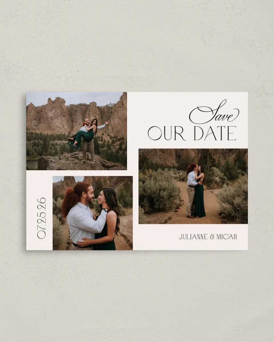 This is a 4" x 5.6" Save the Date Postcard called Our Love printed in full color on Soft Touch Finish paper