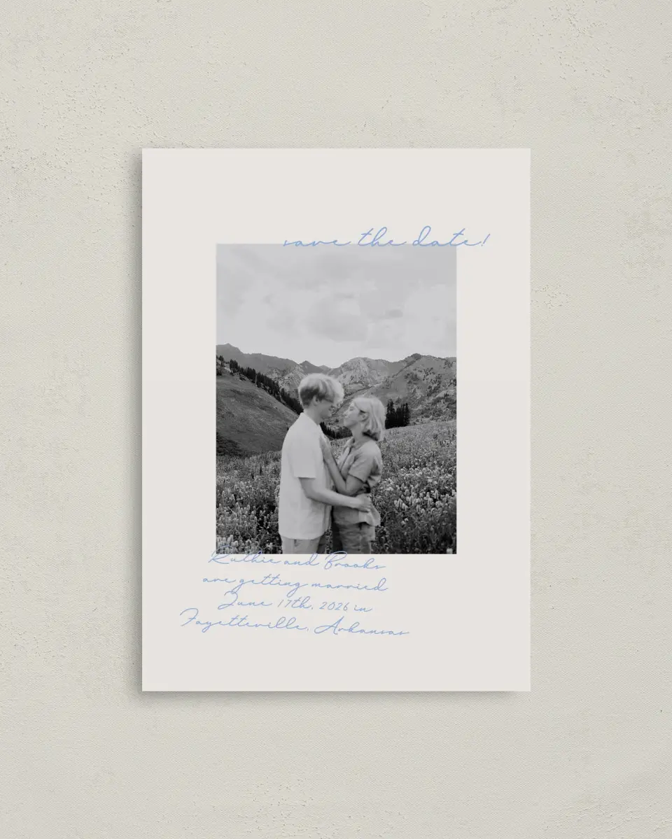 This is a 4" x 5.6" Save the Date Postcard called Scripted Bliss printed in full color on Soft Touch Finish paper