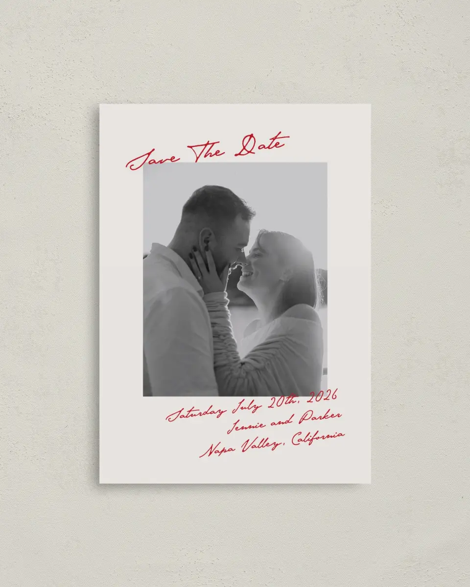 This is a 4" x 5.6" Save the Date Postcard called With All Our Love printed in full color on Soft Touch Finish paper