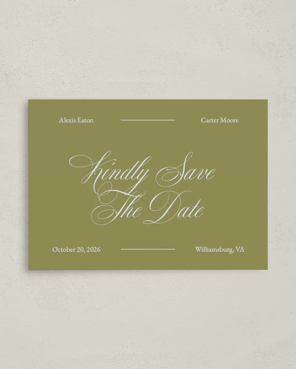 This is a 4" x 5.6" Save the Date Postcard called Signature Vows printed in full color on Soft Touch Finish paper
