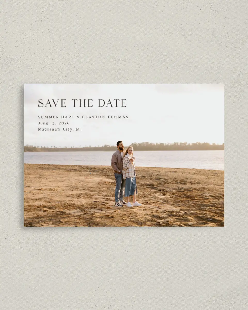 This is a 4" x 5.6" Save the Date Postcard called Beacon of Love printed in full color on Soft Touch Finish paper