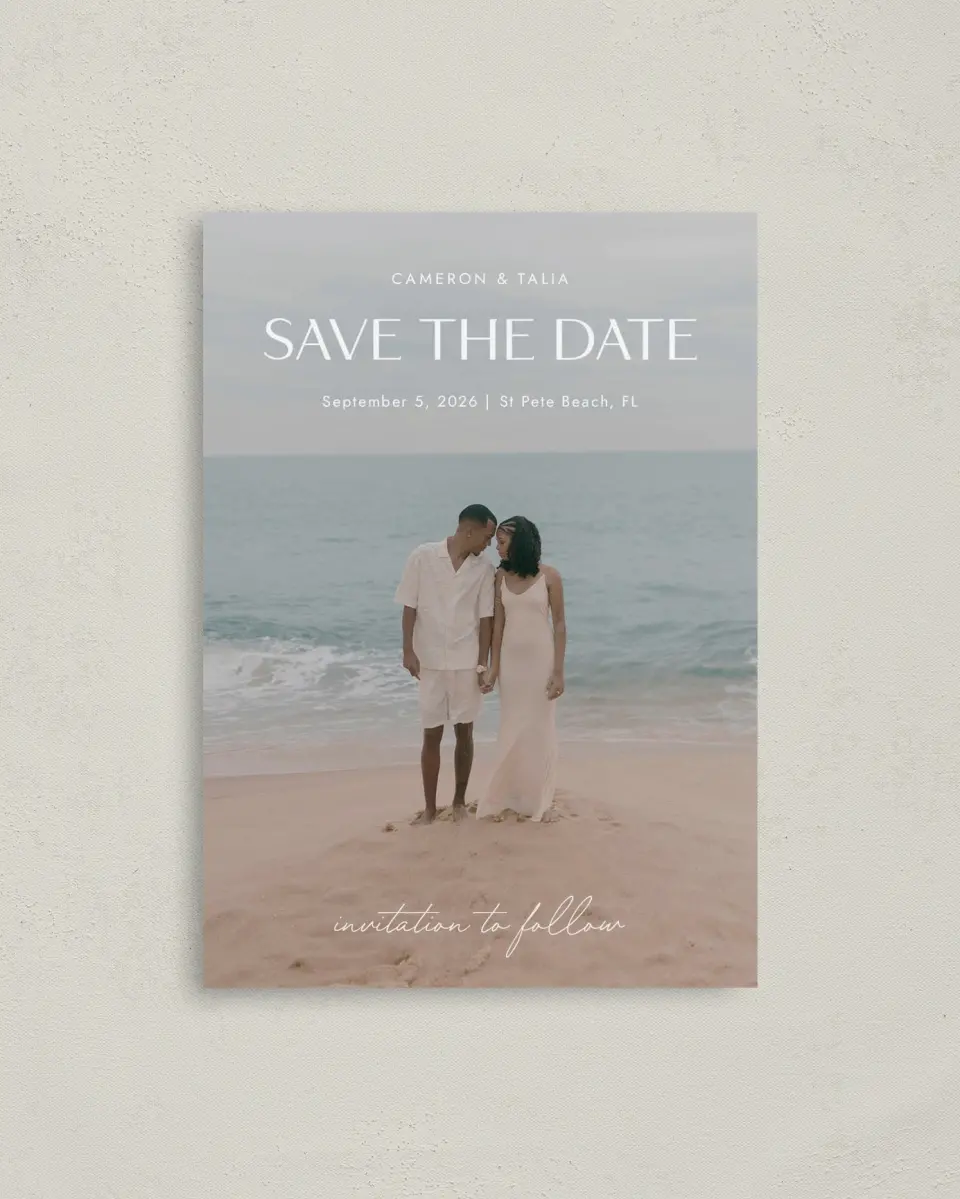 This is a 4" x 5.6" Save the Date Postcard called Seaside Serenade printed in full color on Soft Touch Finish paper
