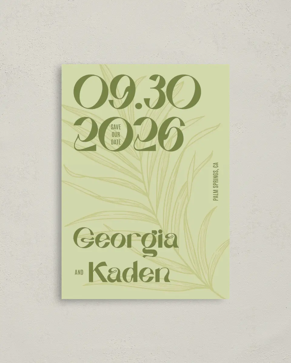 This is a 4" x 5.6" Save the Date Postcard called Zephyr printed in full color on Soft Touch Finish paper