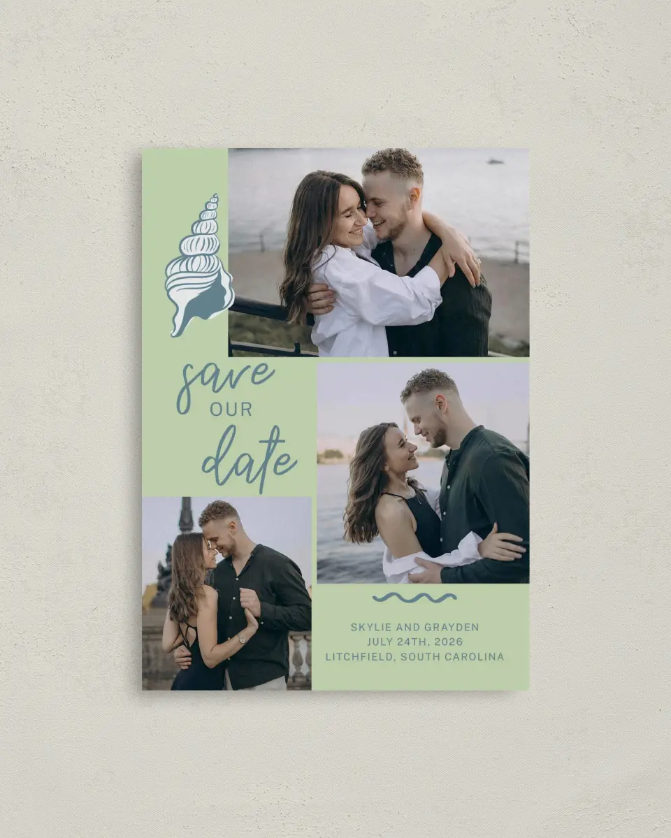 This is a 4" x 5.6" Save the Date Postcard called I Hear Wedding Shells printed in full color on Soft Touch Finish paper