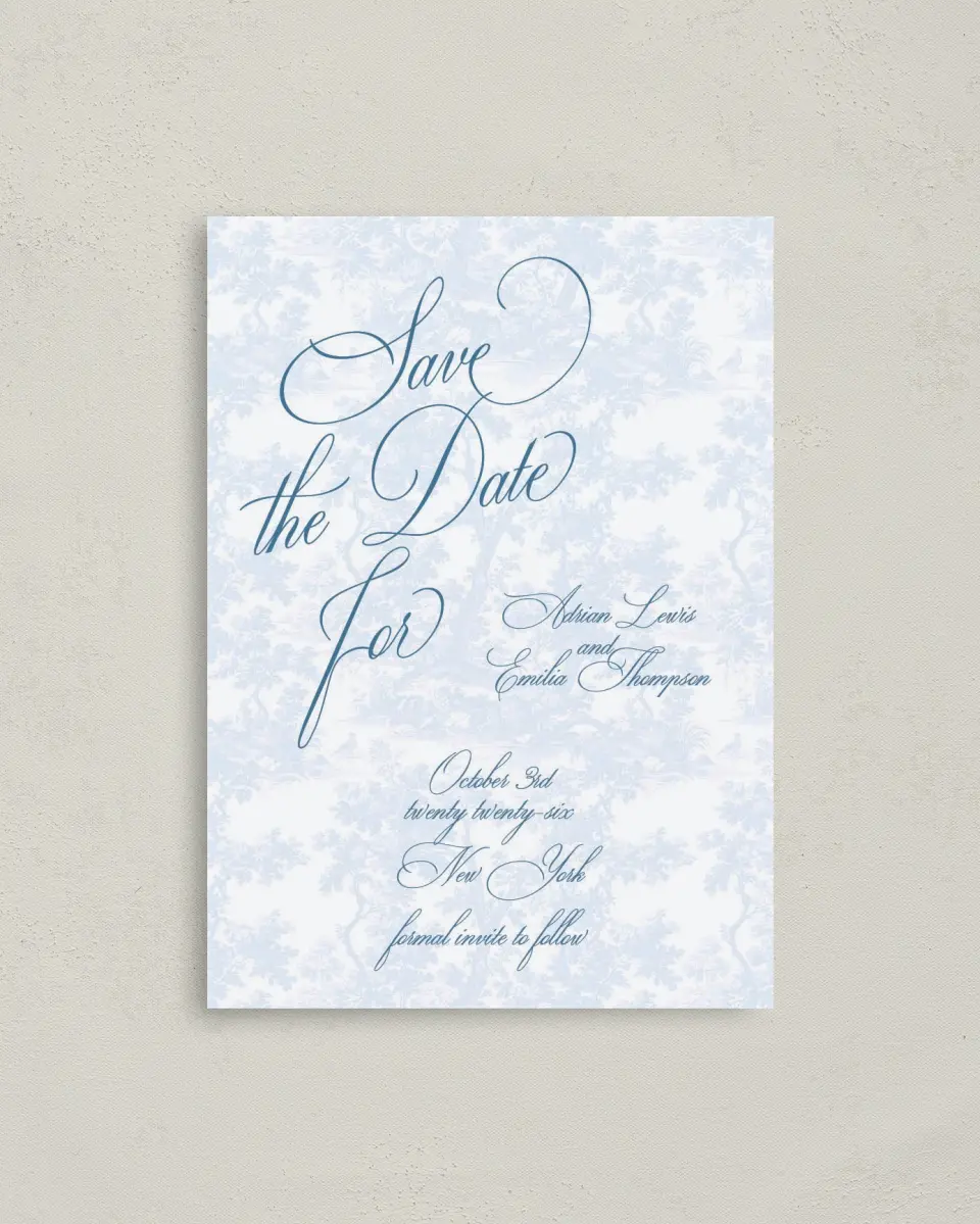 This is a 4" x 5.6" Save the Date Postcard called Blue Toile Romance printed in full color on Soft Touch Finish paper