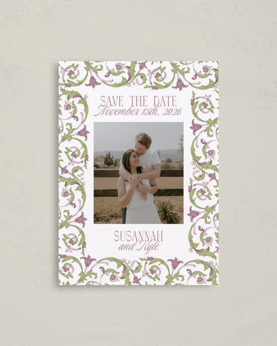 This is a 4" x 5.6" Save the Date Postcard called Ornate Garden printed in full color with Gold foil on Soft Touch Finish paper
