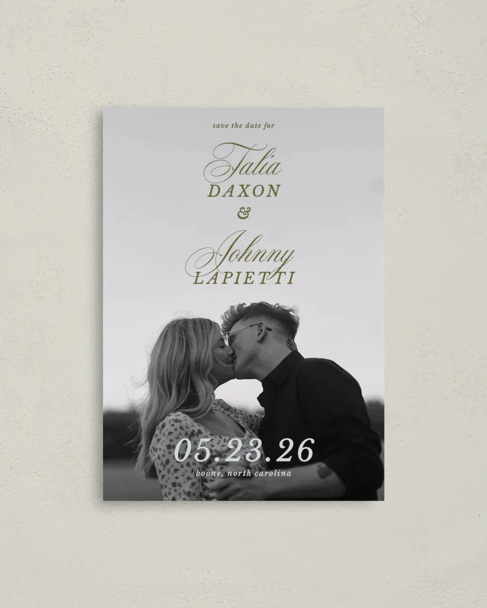 This is a 4" x 5.6" Save the Date Postcard called Love You Forever printed in full color with Gold foil on Soft Touch Finish paper