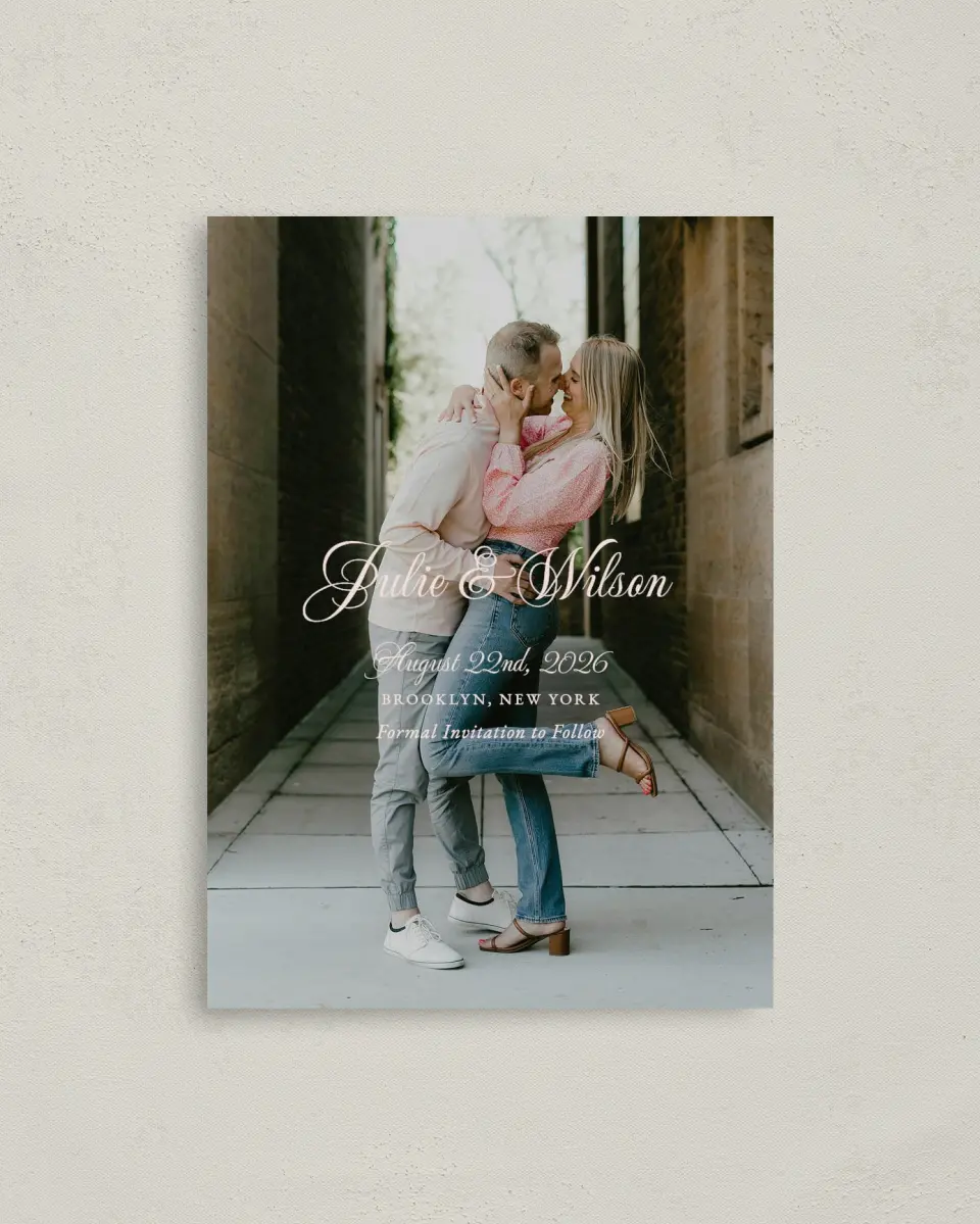 This is a 4" x 5.6" Save the Date Postcard called Patterned Love printed in full color with Gold foil on Soft Touch Finish paper
