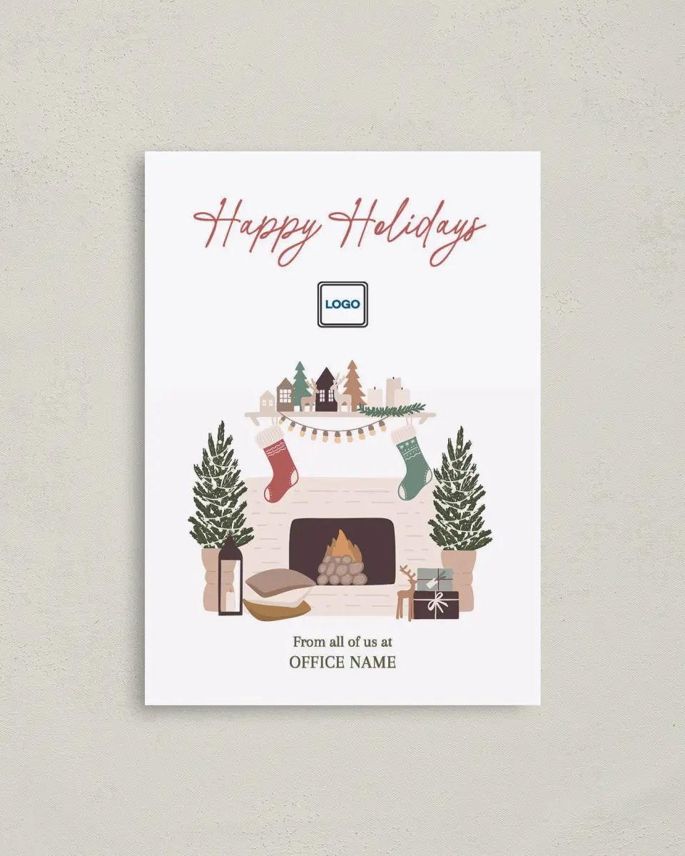 This is a 4" x 5.6" Christmas Card called Merry Mantlepiece printed in full color on Premium Smooth paper