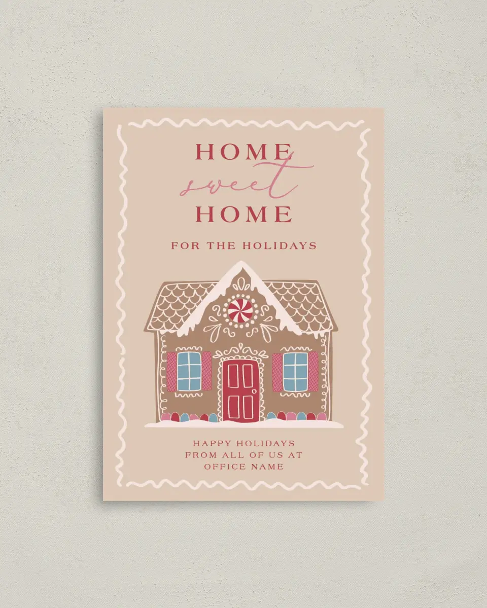This is a 4" x 5.6" Christmas Card called Home Sweet Gingerhome printed in full color on Premium Smooth paper