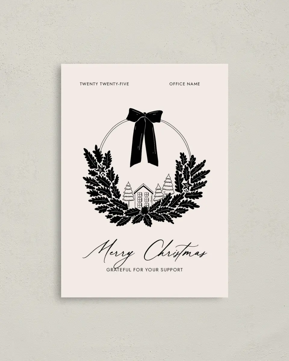 This is a 4" x 5.6" Christmas Card called Cozy Wreath printed in full color on Premium Smooth paper