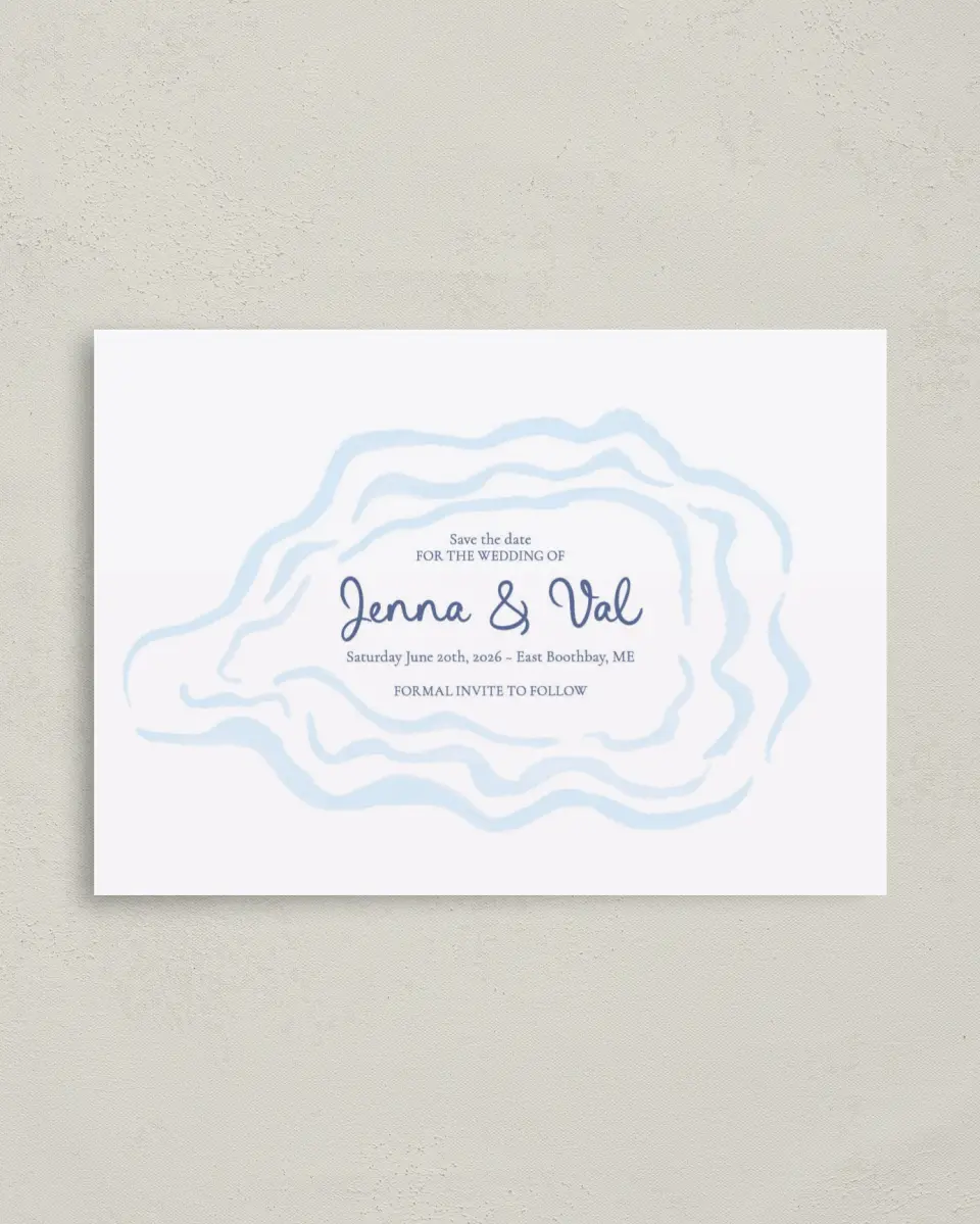 This is a 4" x 5.6" Save the Date Postcard called Love by the Sea printed in full color on Soft Touch Finish paper