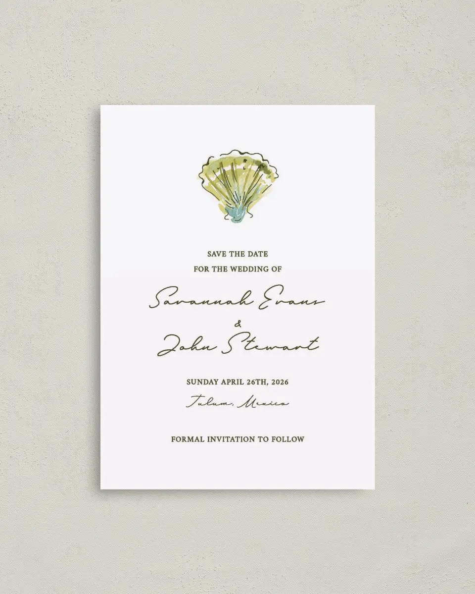 This is a 4" x 5.6" Save the Date Postcard called Whimsical Shells printed in full color on Soft Touch Finish paper