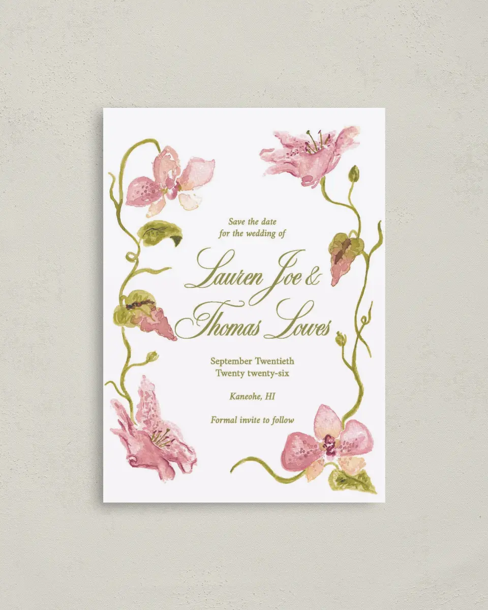 This is a 4" x 5.6" Save the Date Postcard called Paradise in Bloom printed in full color on Soft Touch Finish paper