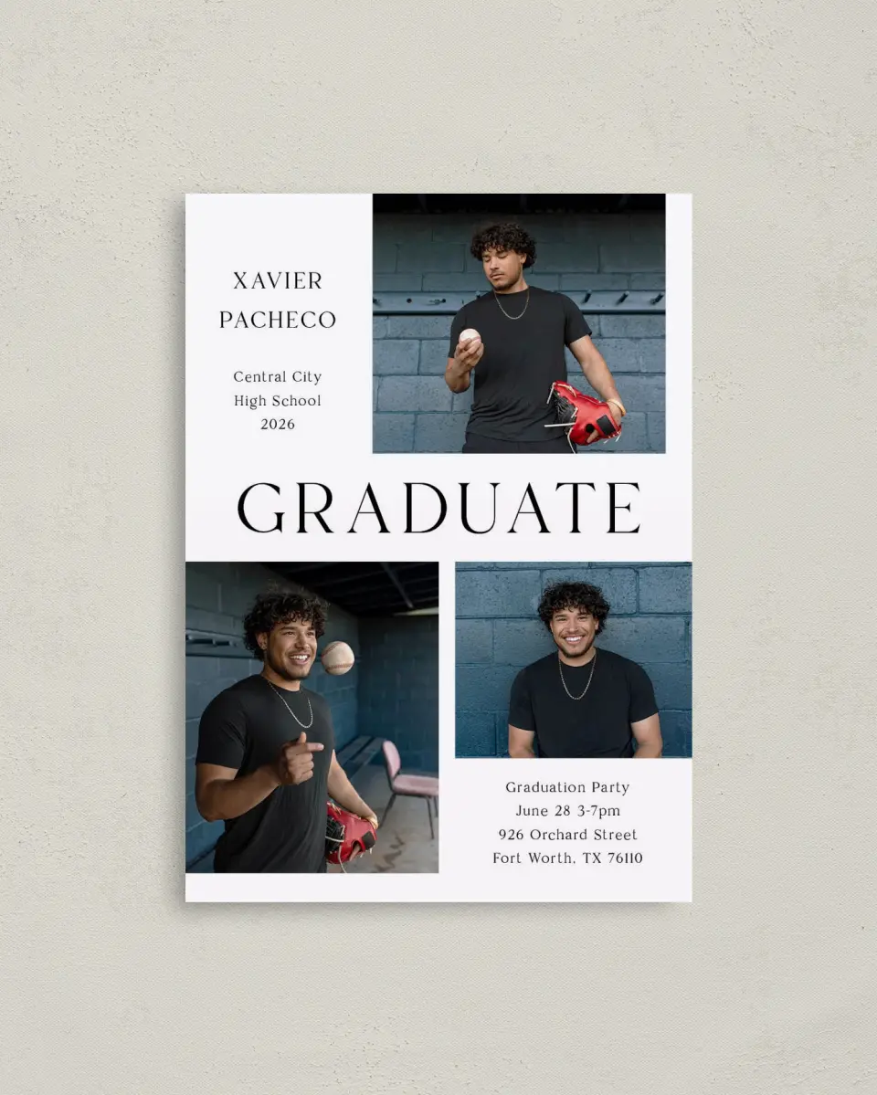 This is a 4" x 5.6" Graduation Announcement Postcard called Senior Spread printed in full color on Soft Touch Finish paper