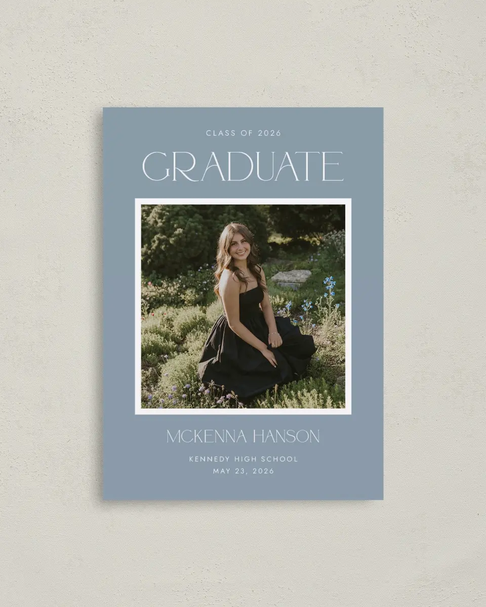 This is a 4" x 5.6" Graduation Announcement Postcard called Graceful Grad printed in full color with Gold foil on Soft Touch Finish paper