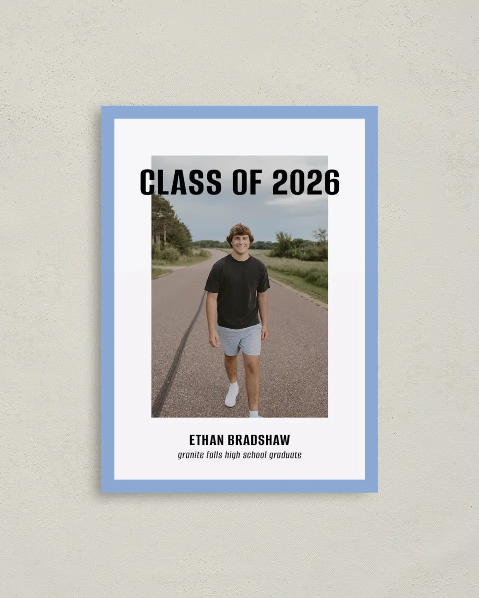 This is a 4" x 5.6" Graduation Announcement Postcard called Clean Cut printed in full color on Soft Touch Finish paper
