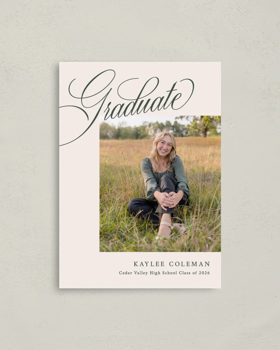 This is a 4" x 5.6" Graduation Announcement Postcard called Grand Flourish printed in full color on Soft Touch Finish paper