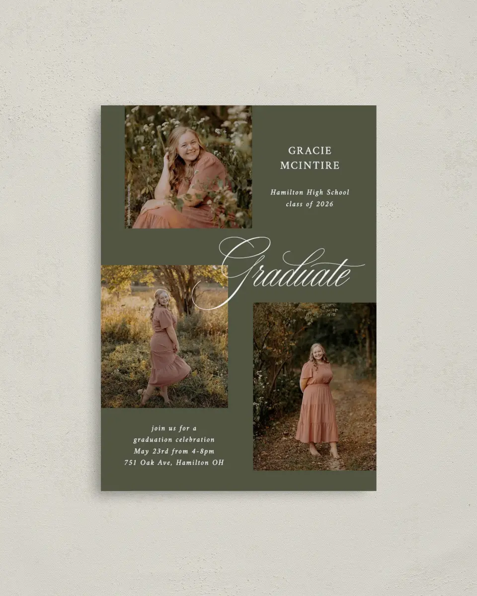 This is a 4" x 5.6" Graduation Announcement Postcard called Refined Celebration printed in full color on Soft Touch Finish paper