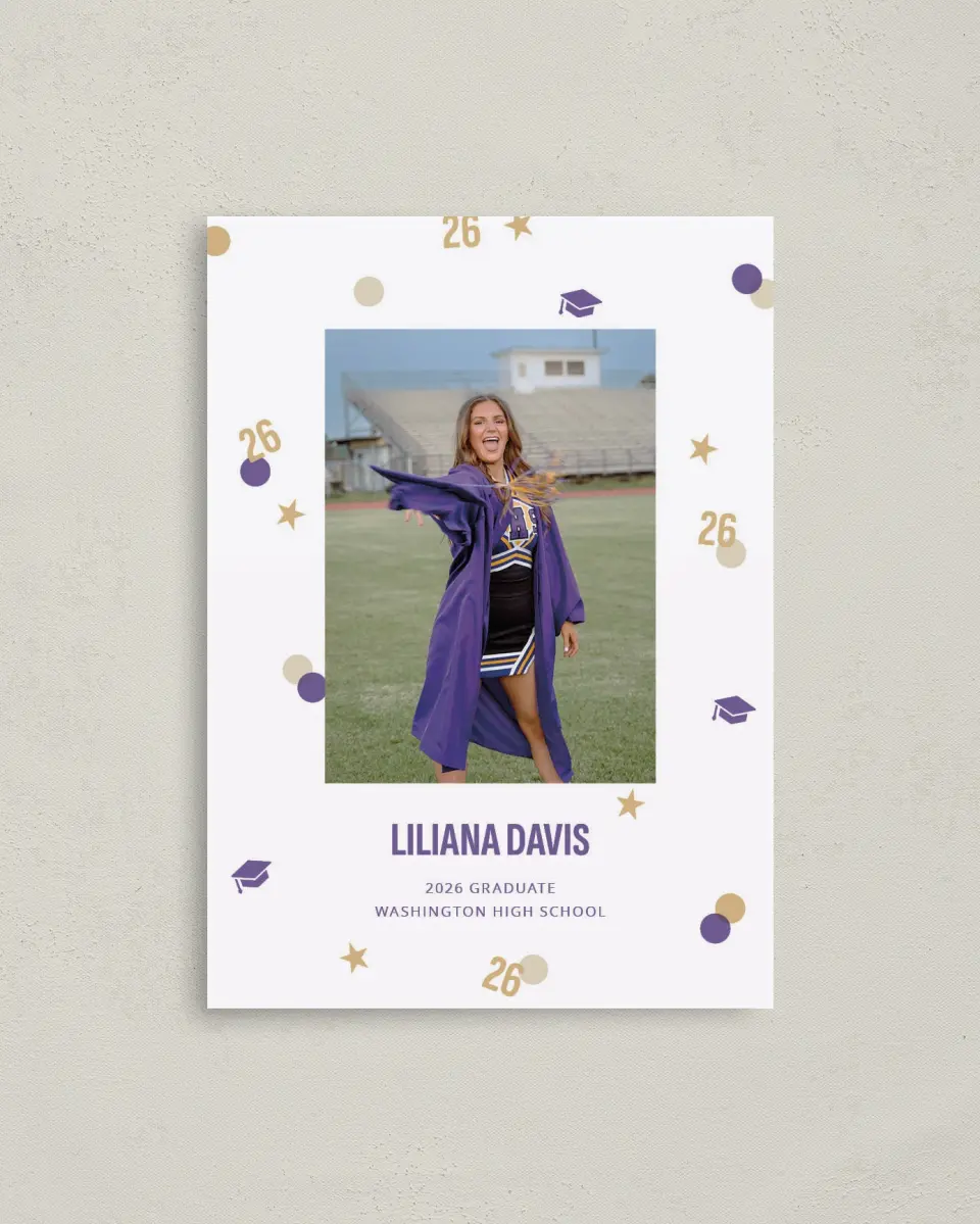 This is a 4" x 5.6" Graduation Announcement Postcard called Confetti Toss printed in full color with Gold foil on Soft Touch Finish paper