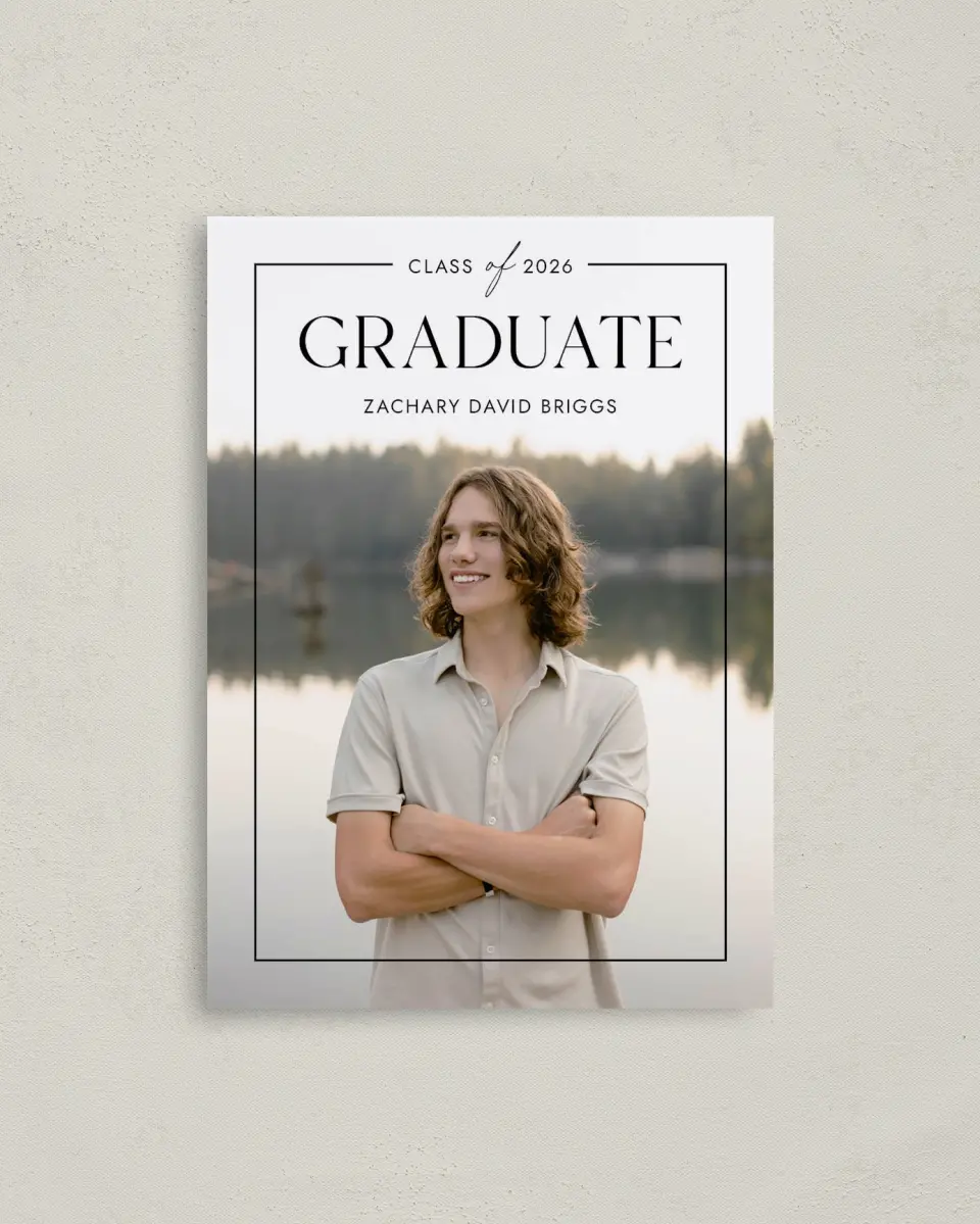 This is a 4" x 5.6" Graduation Announcement Postcard called Pure Frame printed in full color on Soft Touch Finish paper
