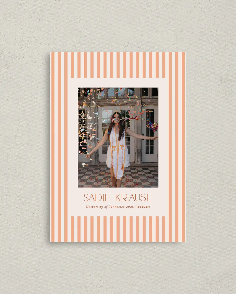 This is a 4" x 5.6" Graduation Announcement Postcard called Senior Stripes printed in full color with Gold foil on Soft Touch Finish paper