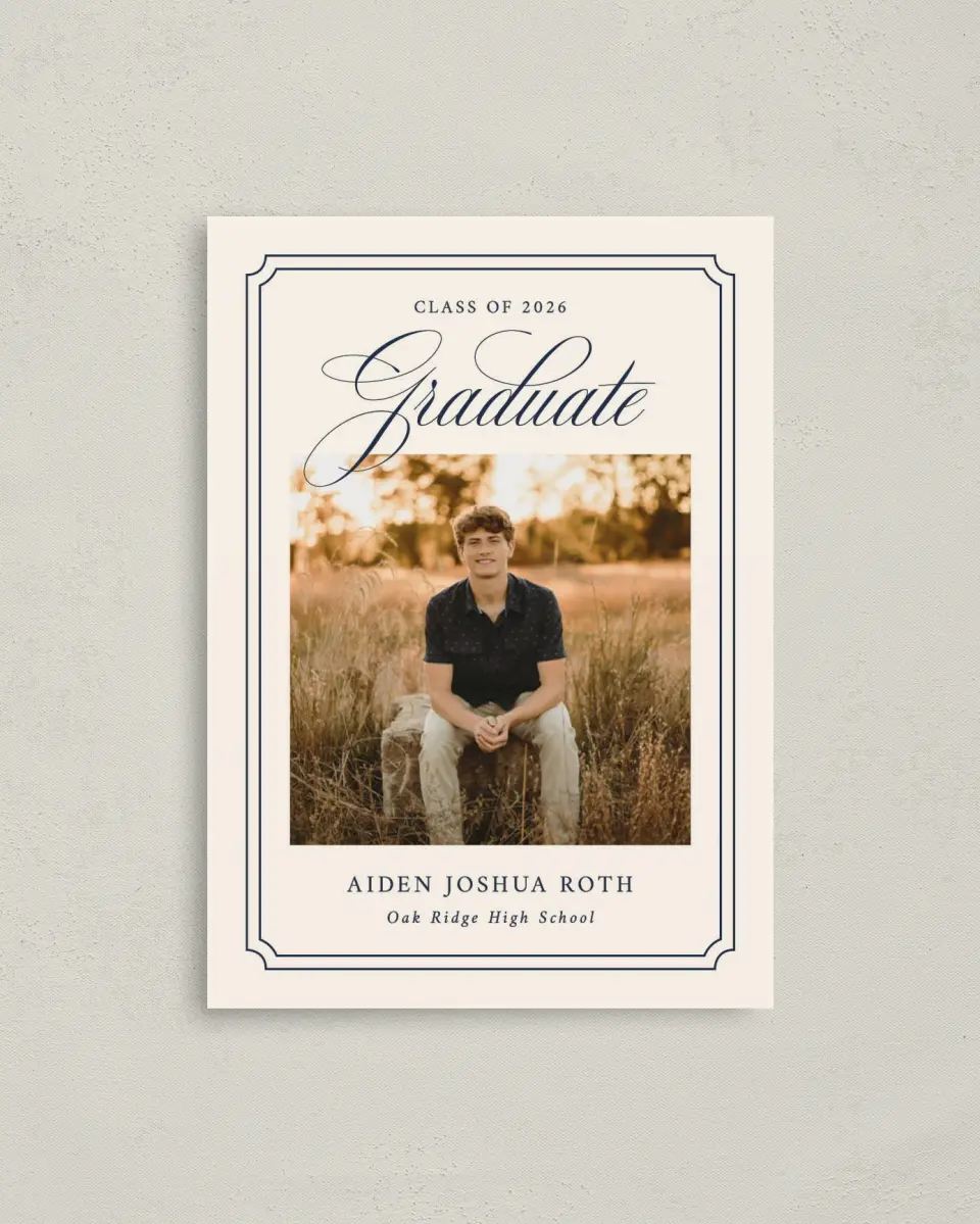 This is a 4" x 5.6" Graduation Announcement Postcard called Formal Frame printed in full color with Gold foil on Soft Touch Finish paper