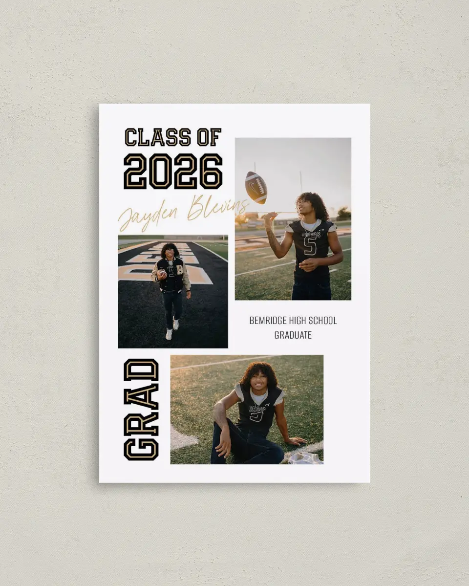 This is a 4" x 5.6" Graduation Announcement Postcard called Varsity Vibes printed in full color with Gold foil on Soft Touch Finish paper
