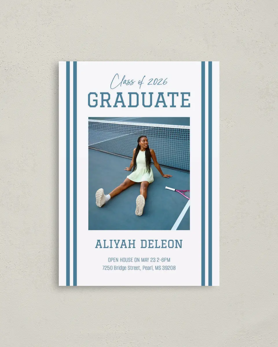 This is a 4" x 5.6" Graduation Announcement Postcard called Varsity Stripes printed in full color with Gold foil on Soft Touch Finish paper