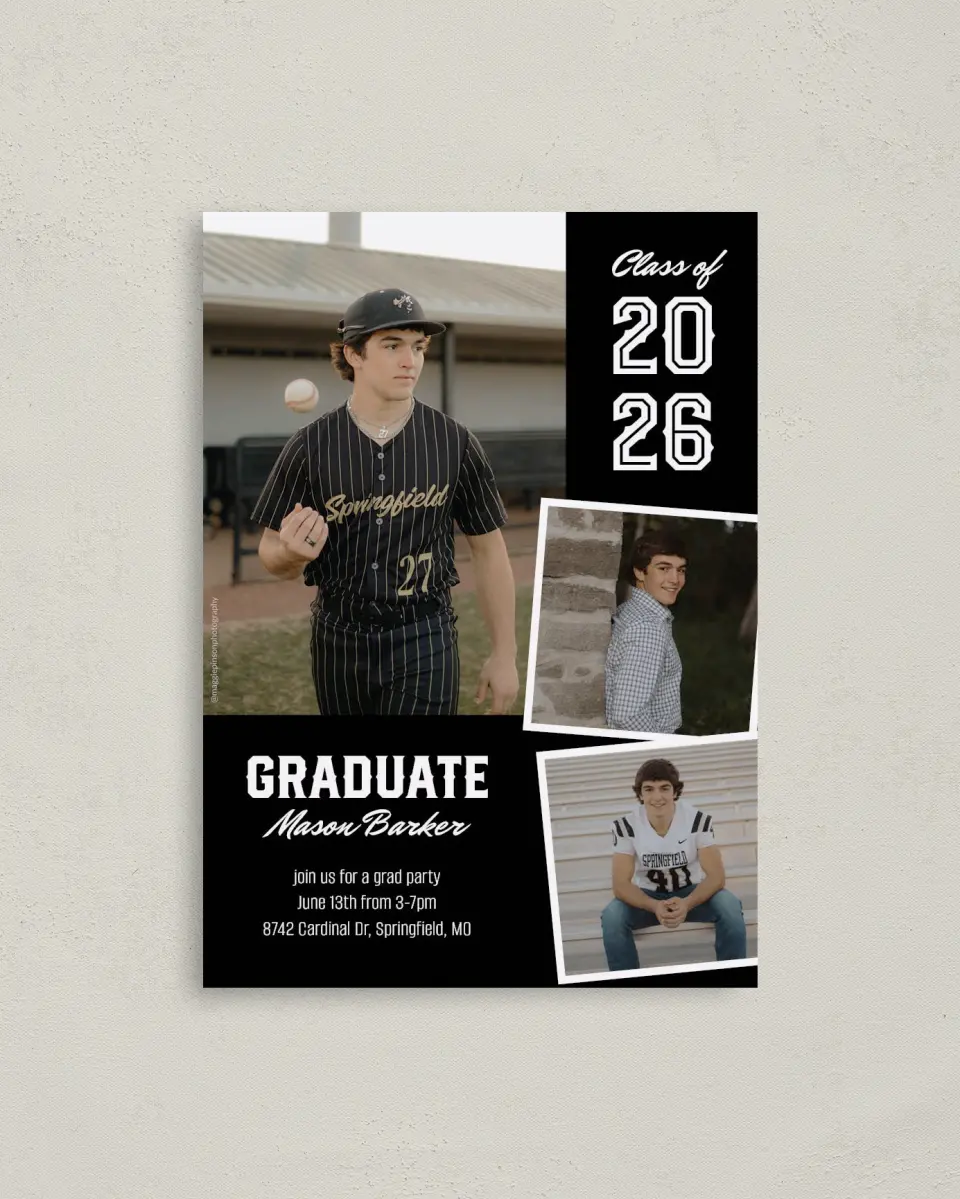 This is a 4" x 5.6" Graduation Announcement Postcard called All-Star Athlete printed in full color on Soft Touch Finish paper