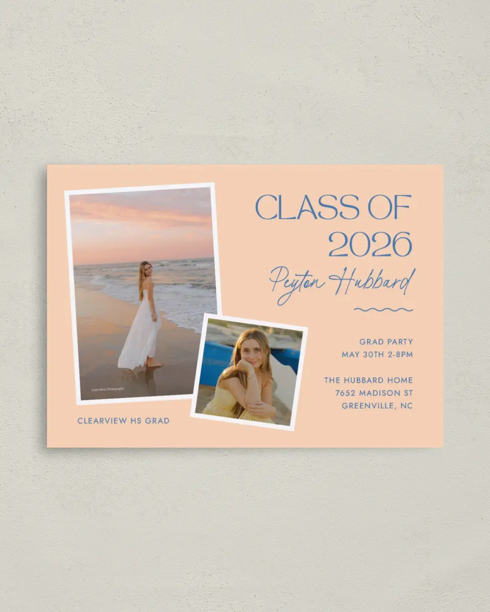 This is a 4" x 5.6" Graduation Announcement Postcard called Modern Montage printed in full color with Gold foil on Soft Touch Finish paper