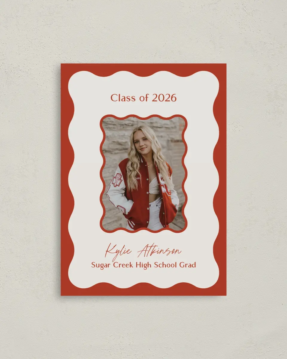 This is a 4" x 5.6" Graduation Announcement Postcard called Unwavering Spirit printed in full color with Gold foil on Soft Touch Finish paper