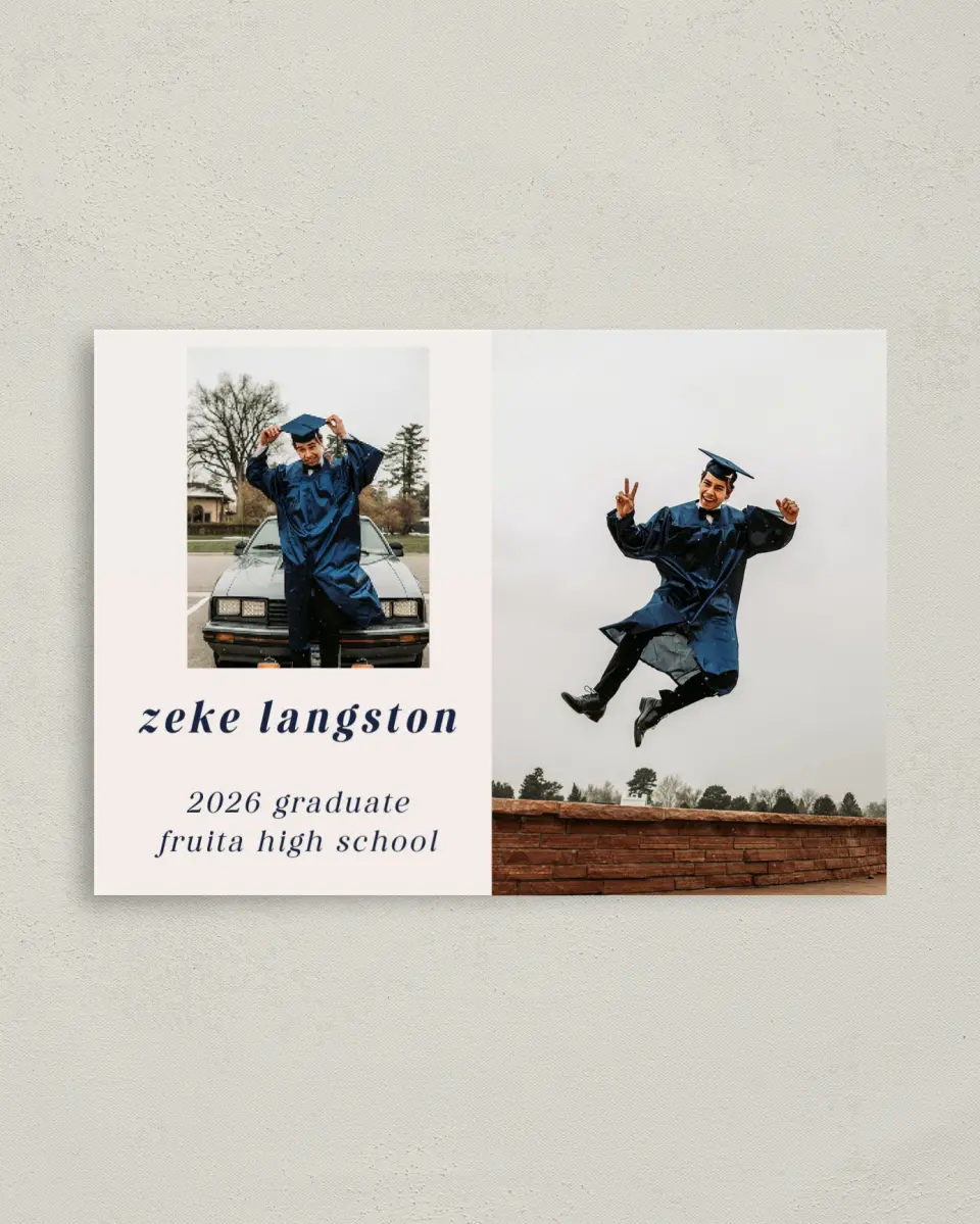 This is a 4" x 5.6" Graduation Announcement Postcard called Jumping Jubilee printed in full color on Soft Touch Finish paper