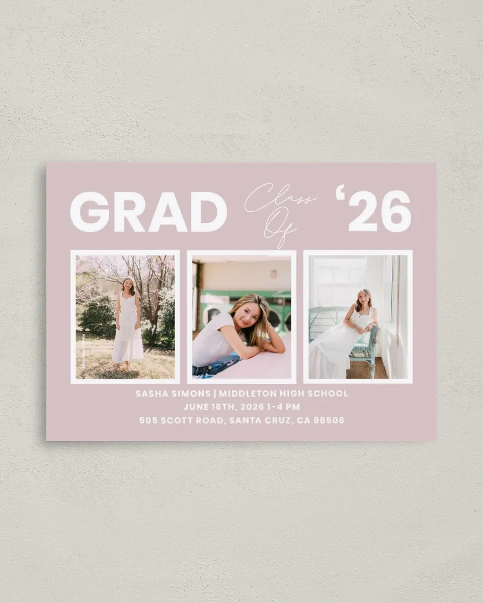 This is a 4" x 5.6" Graduation Announcement Postcard called Caps Off to You printed in full color with Gold foil on Soft Touch Finish paper