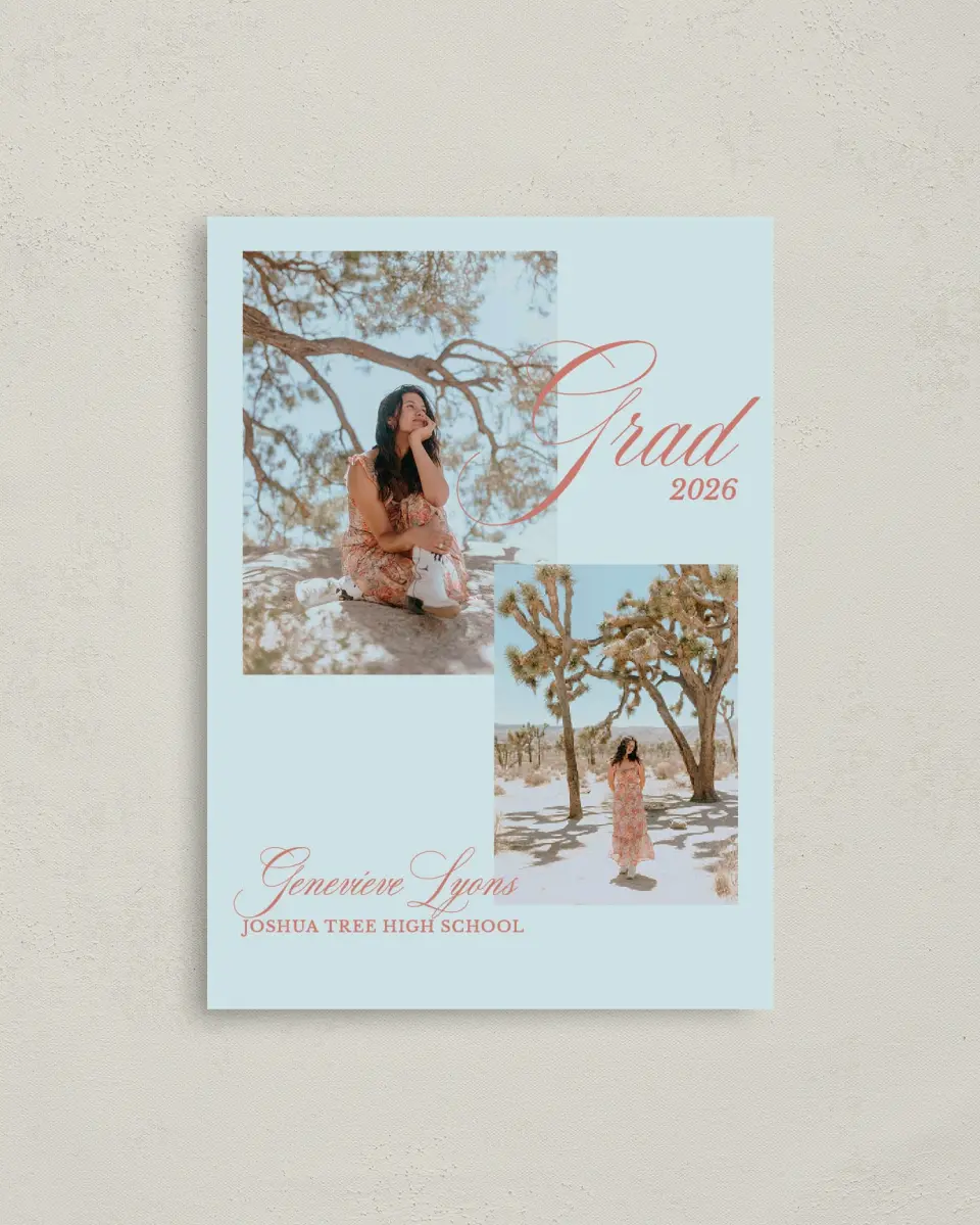 This is a 4" x 5.6" Graduation Announcement Postcard called Scripted Accolades printed in full color on Soft Touch Finish paper
