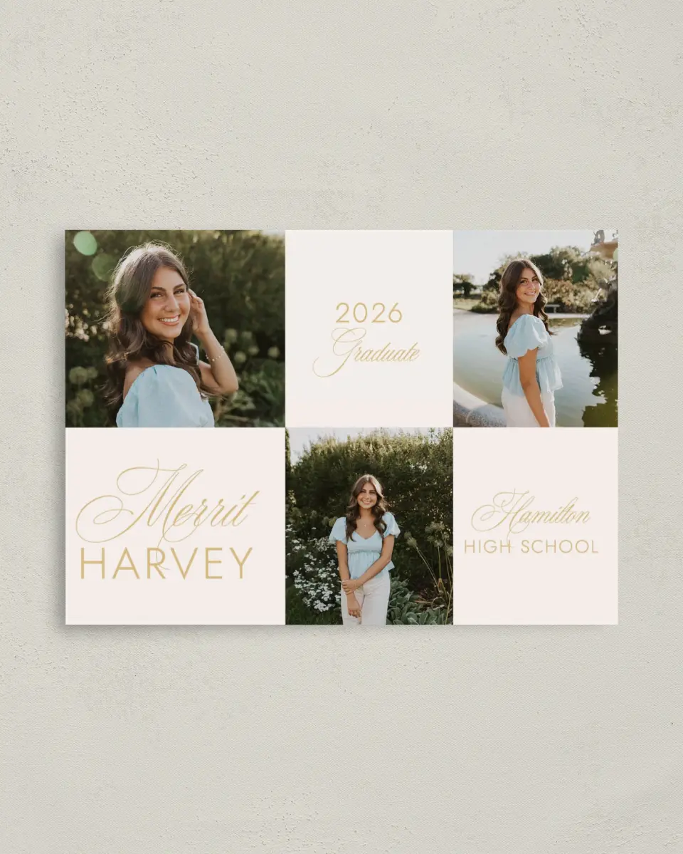 This is a 4" x 5.6" Graduation Announcement Postcard called Stay Golden printed in full color on Soft Touch Finish paper