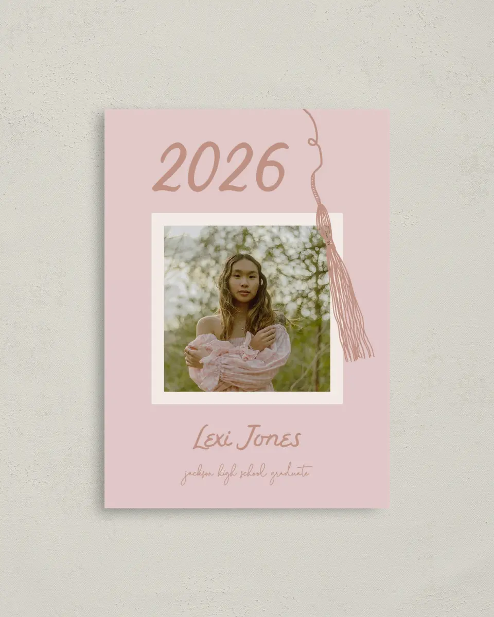 This is a 4" x 5.6" Graduation Announcement Postcard called Tassels on Tassels printed in full color on Soft Touch Finish paper