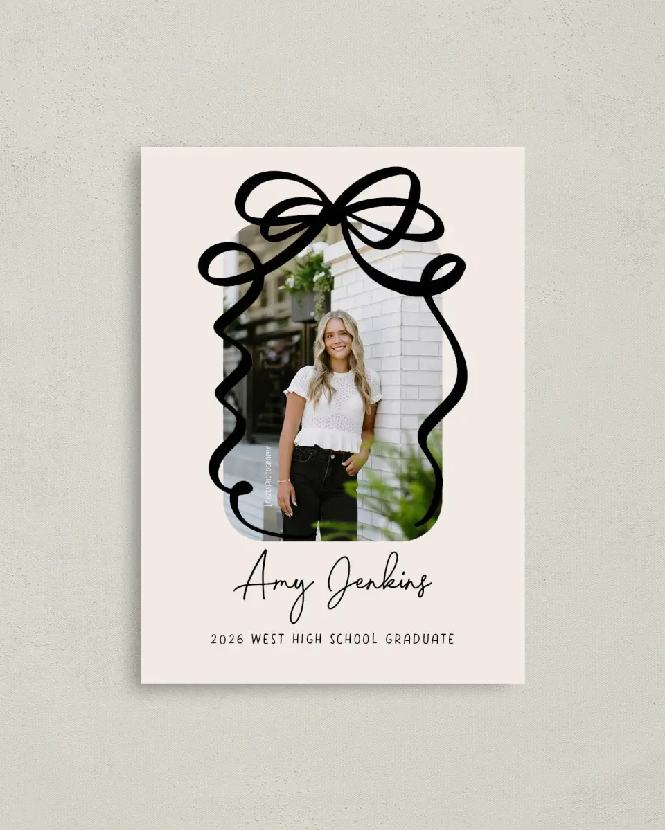 This is a 4" x 5.6" Graduation Announcement Postcard called All Tied Up printed in full color on Soft Touch Finish paper