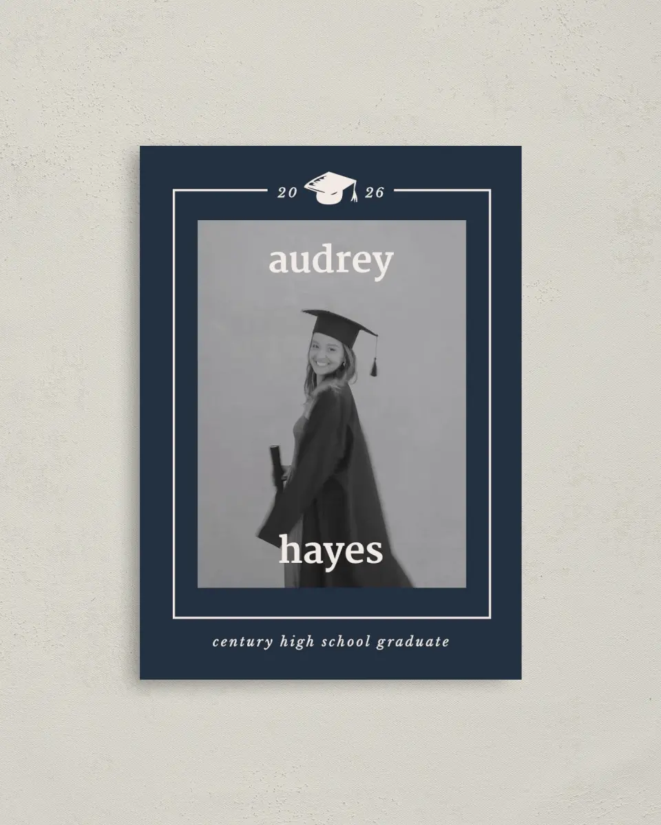 This is a 4" x 5.6" Graduation Announcement Postcard called Framed Triumph printed in full color on Soft Touch Finish paper