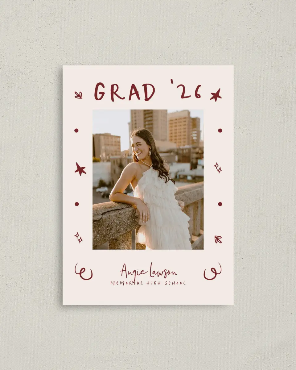 This is a 4" x 5.6" Graduation Announcement Postcard called Celebratory Confetti printed in full color with Gold foil on Soft Touch Finish paper
