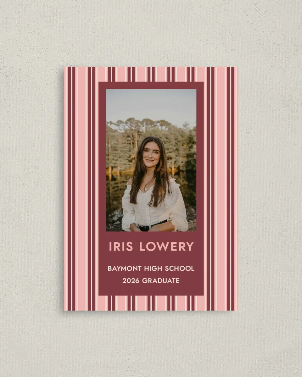 This is a 4" x 5.6" Graduation Announcement Postcard called Striped Admiration printed in full color with Gold foil on Soft Touch Finish paper