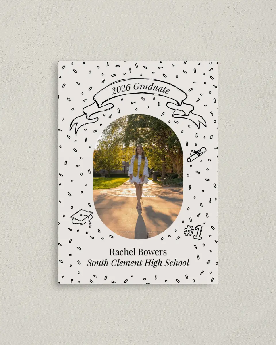 This is a 4" x 5.6" Graduation Announcement Postcard called Art of Achievement printed in full color with Gold foil on Soft Touch Finish paper